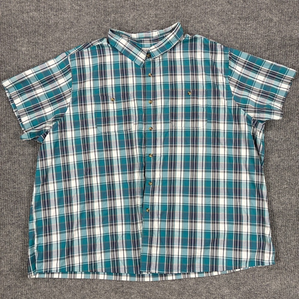 King Size Mens Button Up Shirt Size 6XL Blue Plaid Pocket Short Sleeve Casual